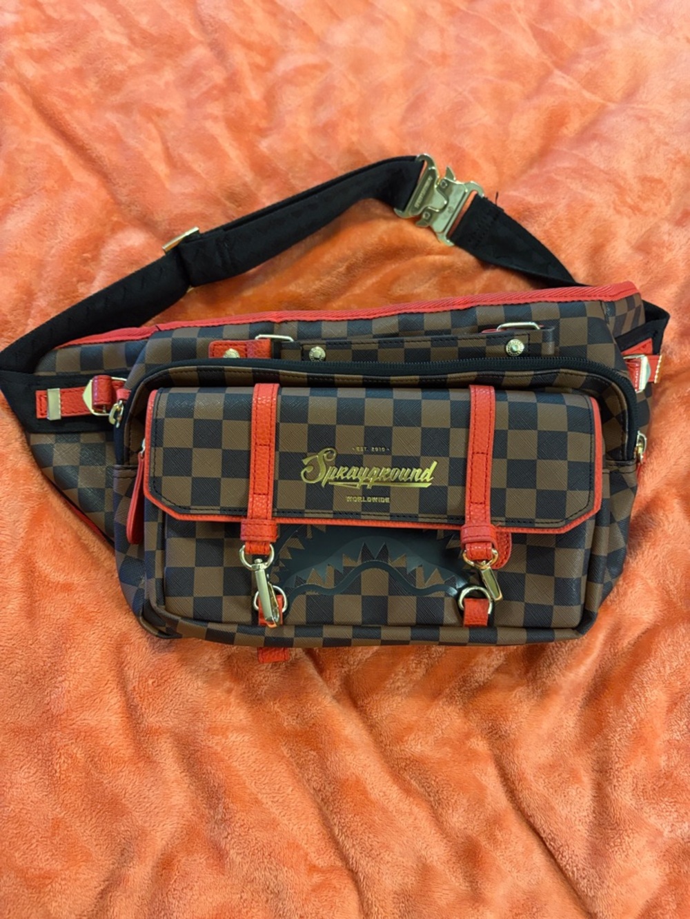 Sprayground Brown Checkered Belt Bag with Red Accents